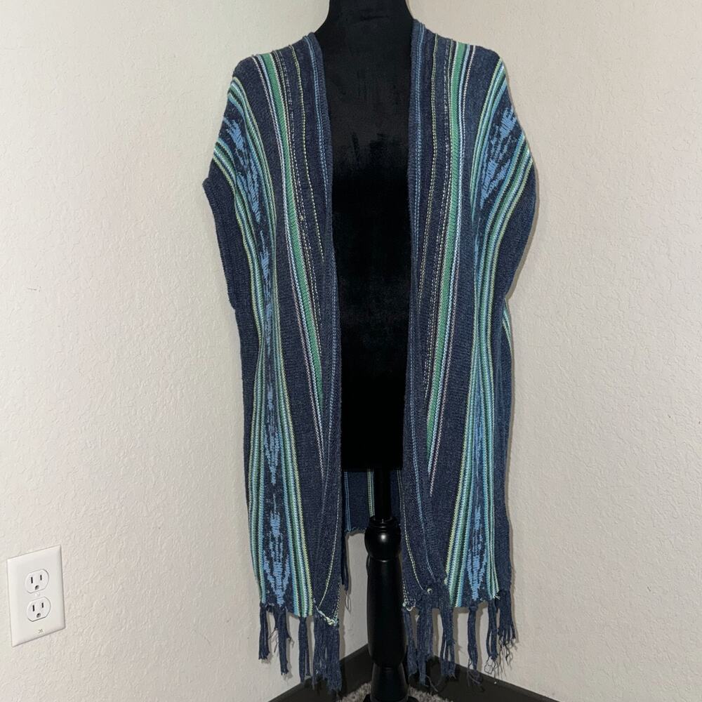 Chaps Poncho Sweater Women's Medium Blue Striped Cotton Knit Fringe Boho Hippie